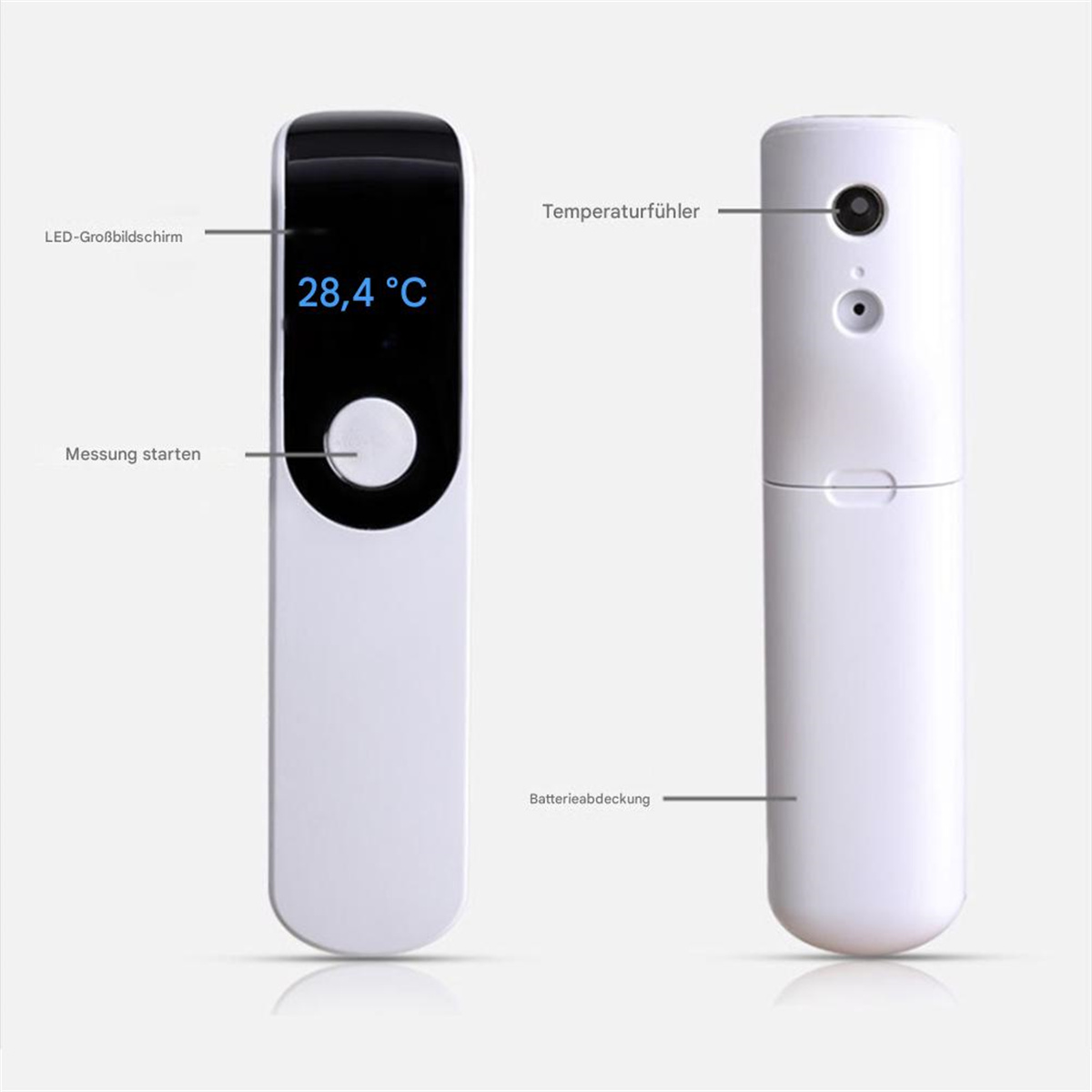 Ein weißes Thermometer mit einem Display, das 28,4°C anzeigt, mit Beschriftungen.