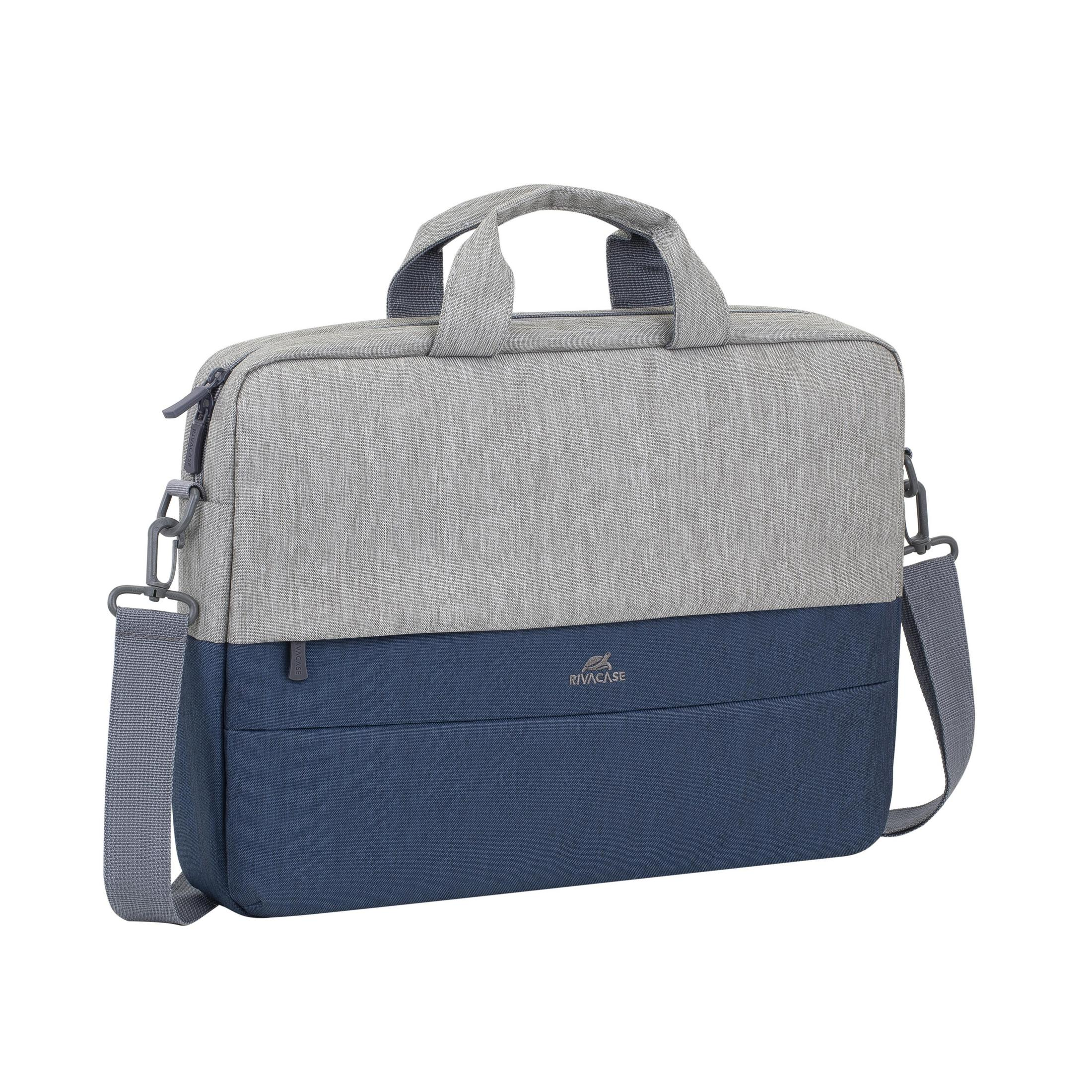 Borsa per laptop grigia e blu con manici e tracolla. Il marchio è Rivacase.