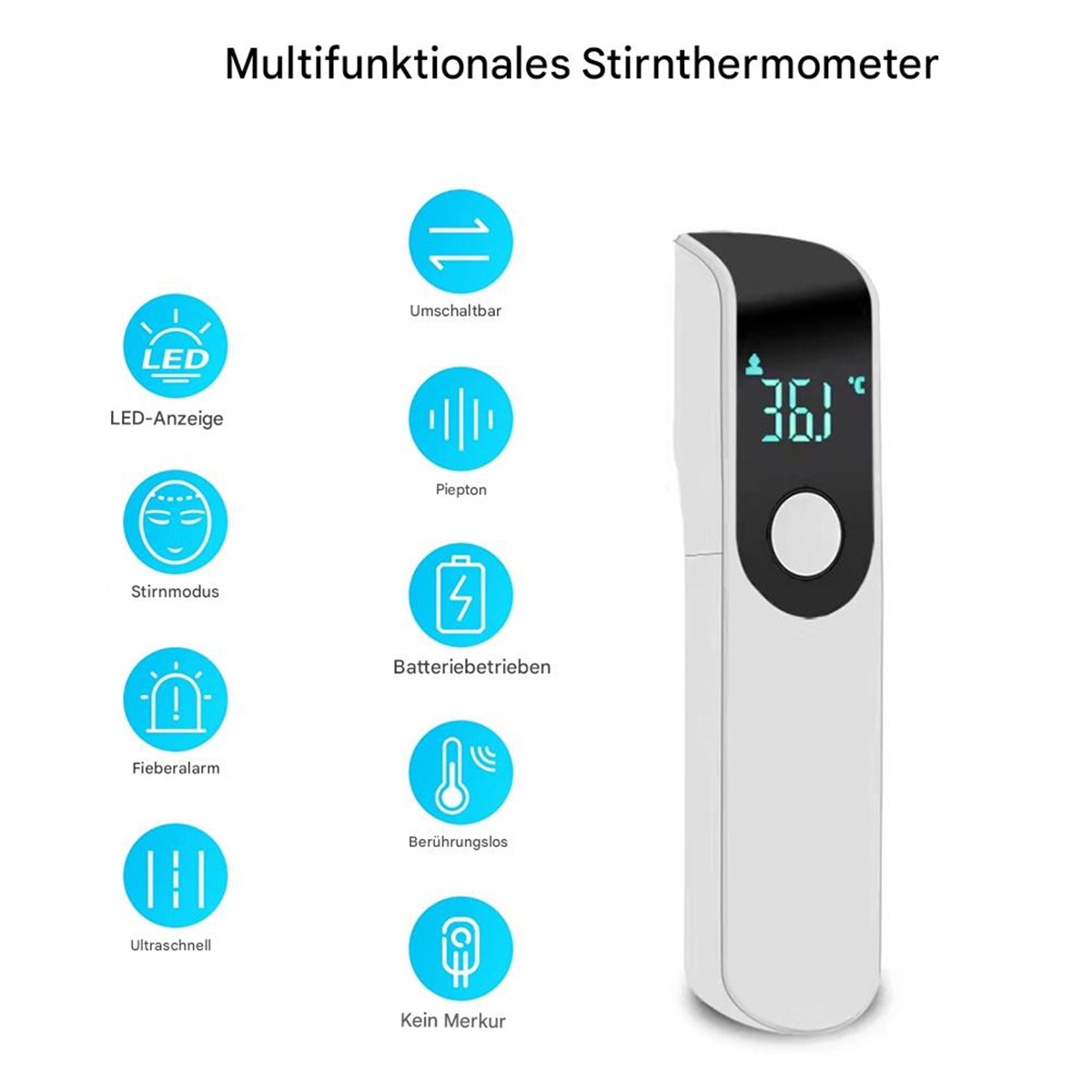 Weißes Stirnthermometer mit schwarzem Display, 36,1 Grad, und Symbolen.