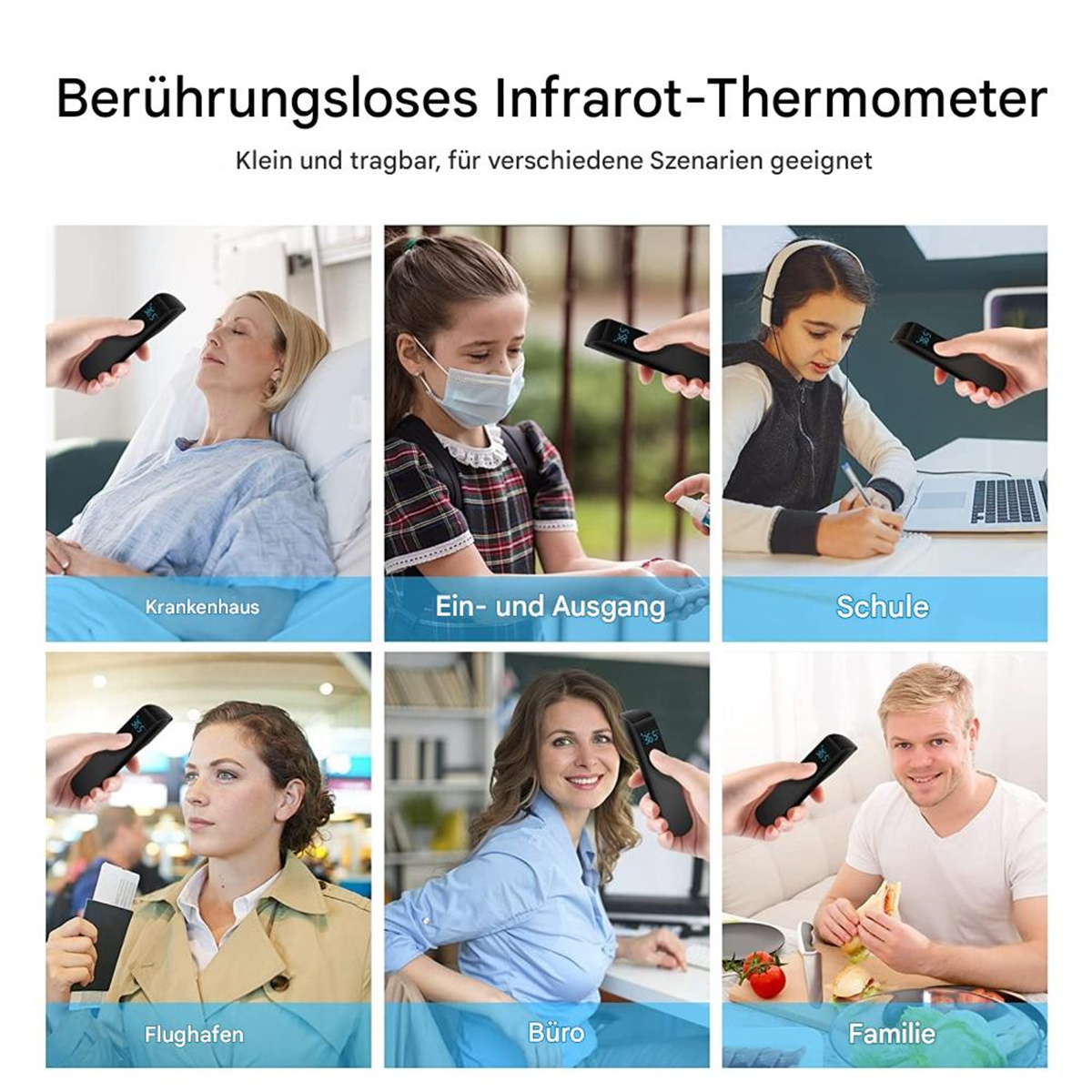 Bilder zeigen Menschen, die ein berührungsloses Infrarot-Thermometer in verschiedenen Umgebungen verwenden.