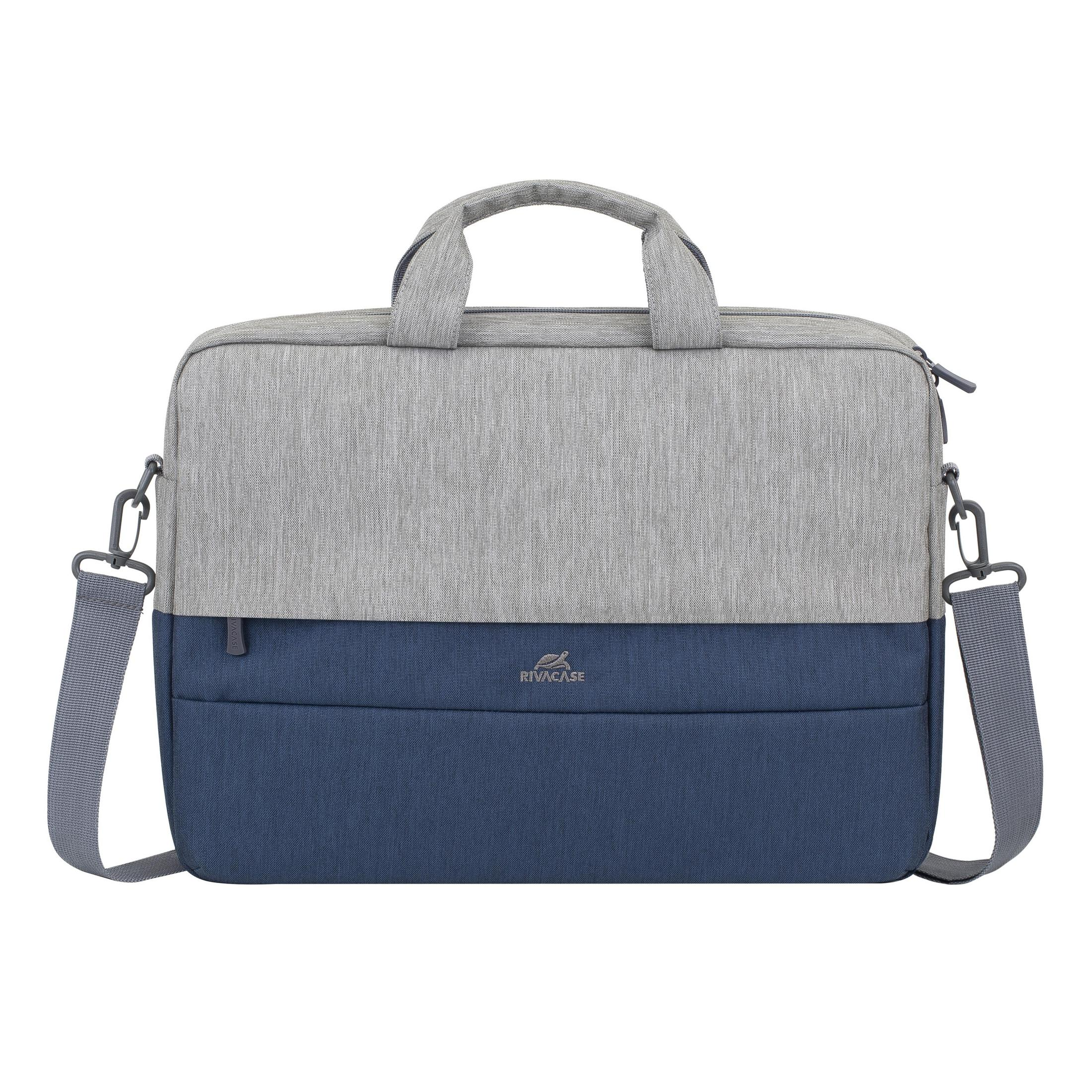 Una borsa per laptop bicolore grigia e blu con tracolla.
