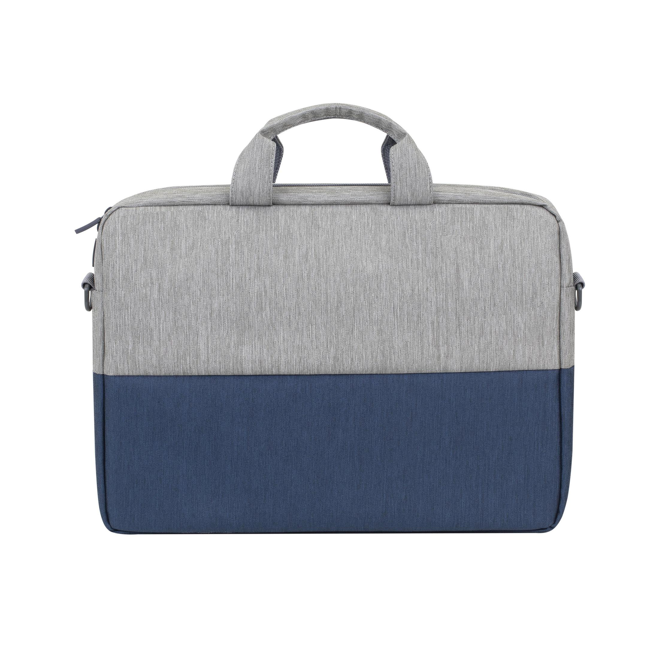 Una borsa per laptop grigia e blu con manici e un attacco per tracolla.