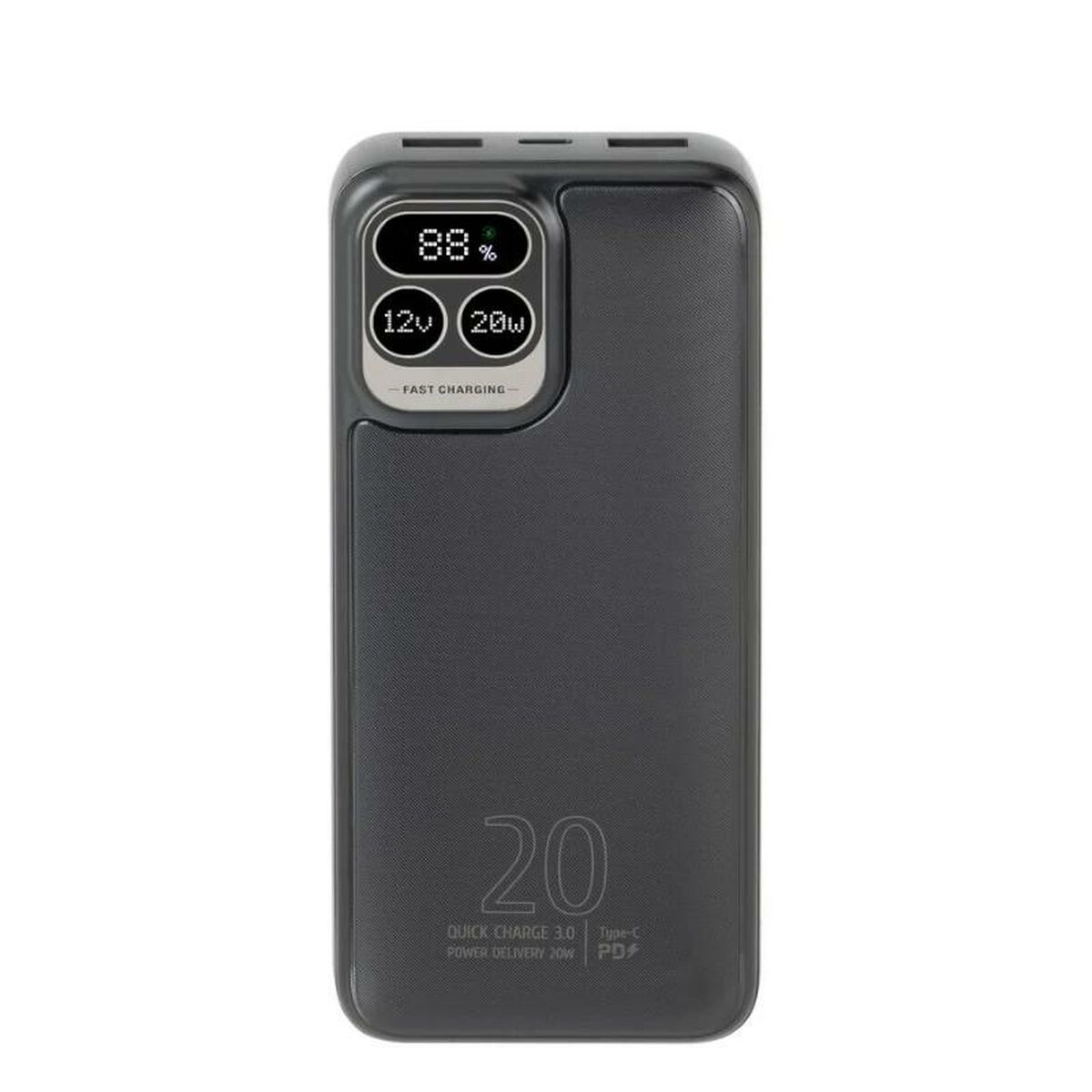 Power bank nera con display che mostra l'88% di carica e 20W di uscita.