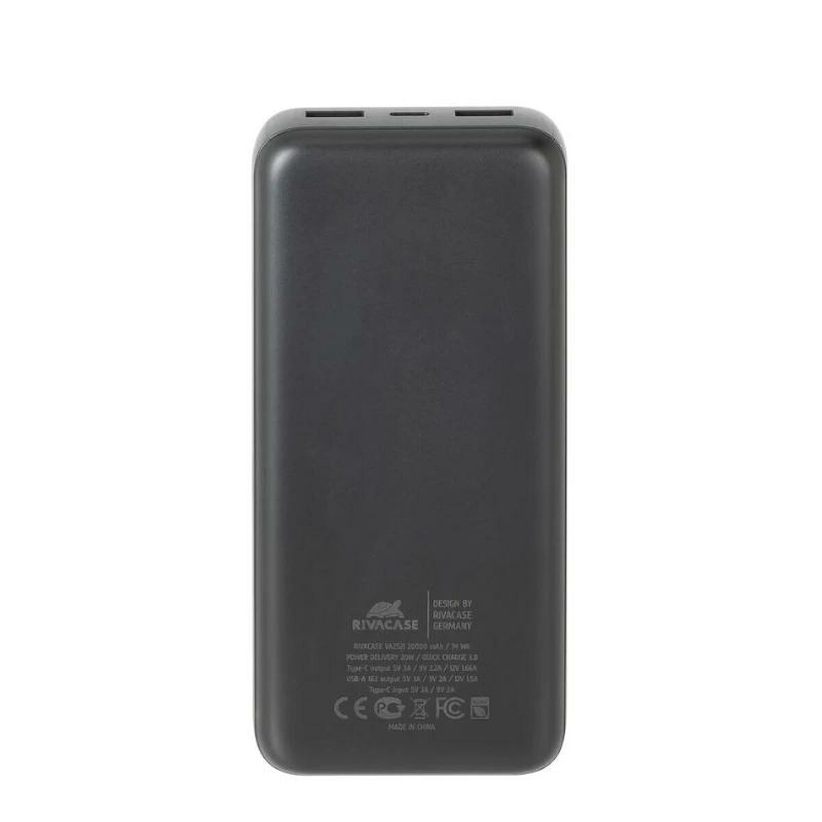 Power bank nero con più porte e marchio Rivacase, su sfondo bianco.