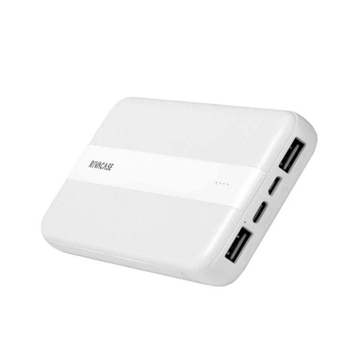 Power bank bianco con logo Rivacase. Ha porte USB e altre. Lo sfondo è bianco.