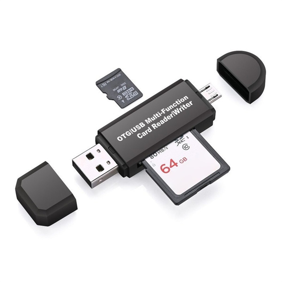 Ein schwarzer OTG-USB-Kartenleser mit Micro-USB-Anschluss, einer 64-GB-SD-Karte und einer Micro-SD-Karte.
