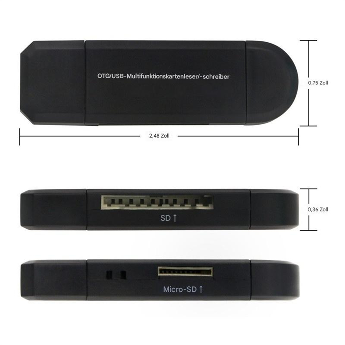 Ein OTG/USB Multifunktions-Kartenleser/-schreiber, schwarz, mit Abmessungen.