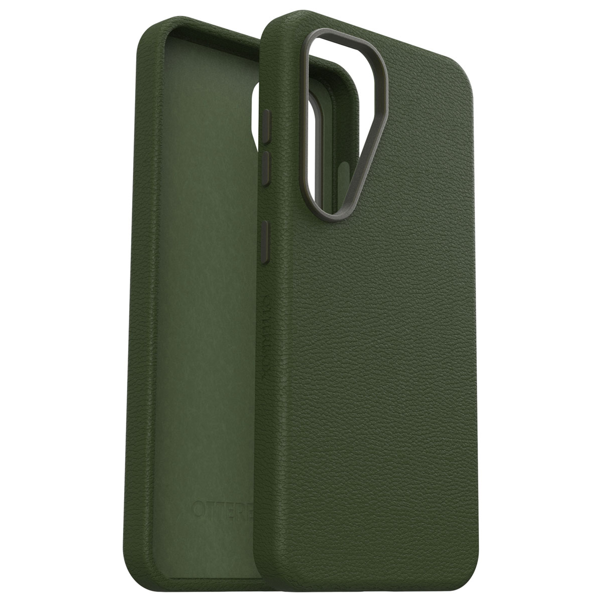 Olijfgroene telefoonhoes. De binnenkant is lichter groen. De hoes is open.