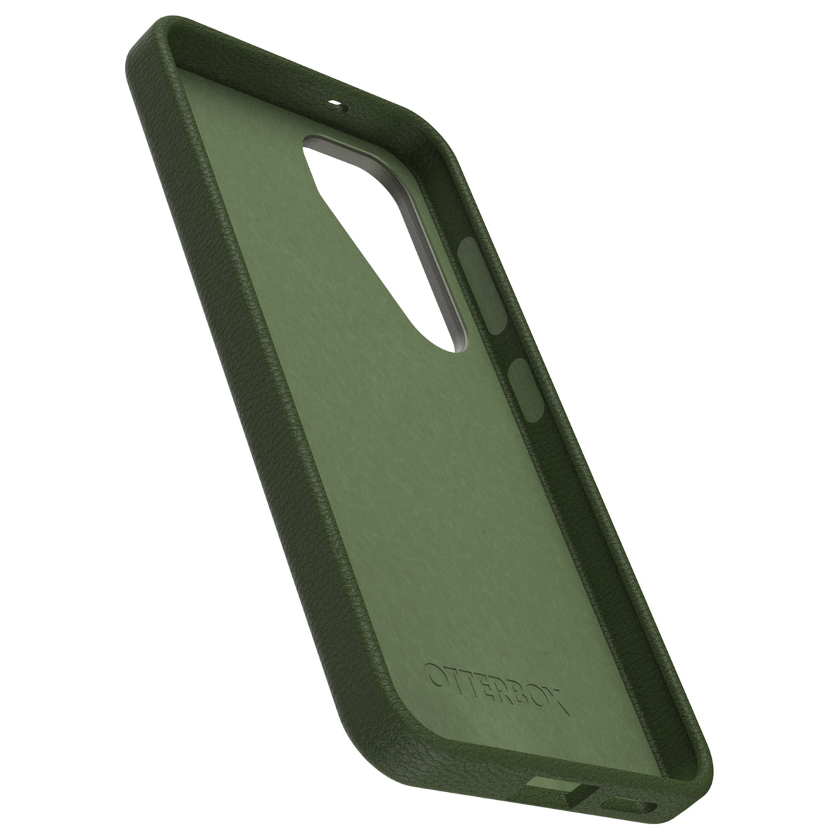 Olijfgroene telefoonhoes, open zicht, Otterbox-logo zichtbaar. De binnenkant is lichtgroen.