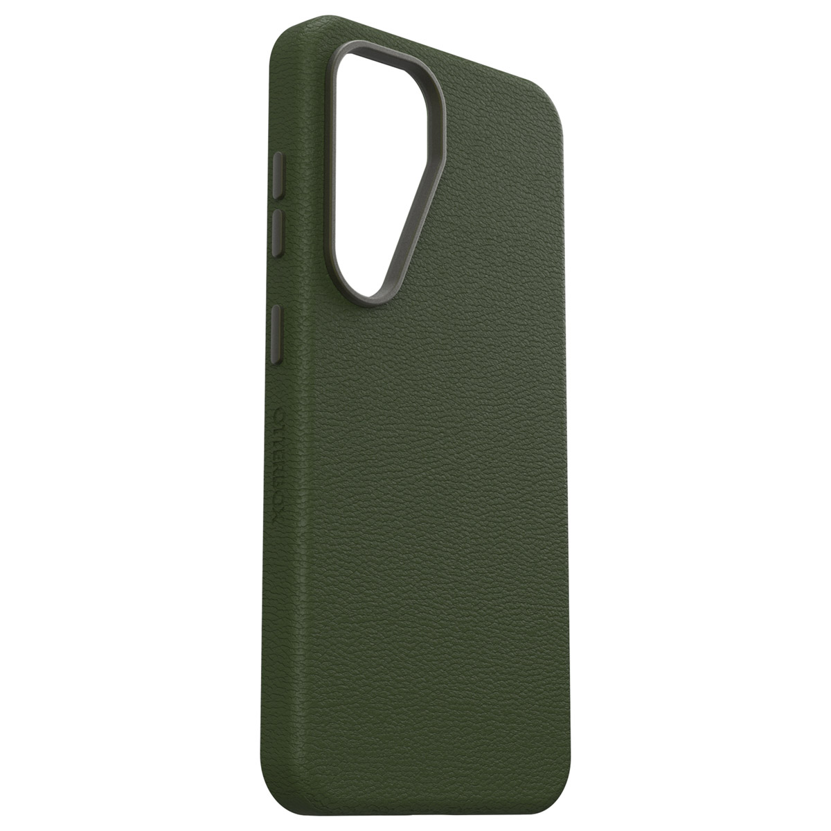 Groen telefoonhoesje met een leertextuur, zijaanzicht.