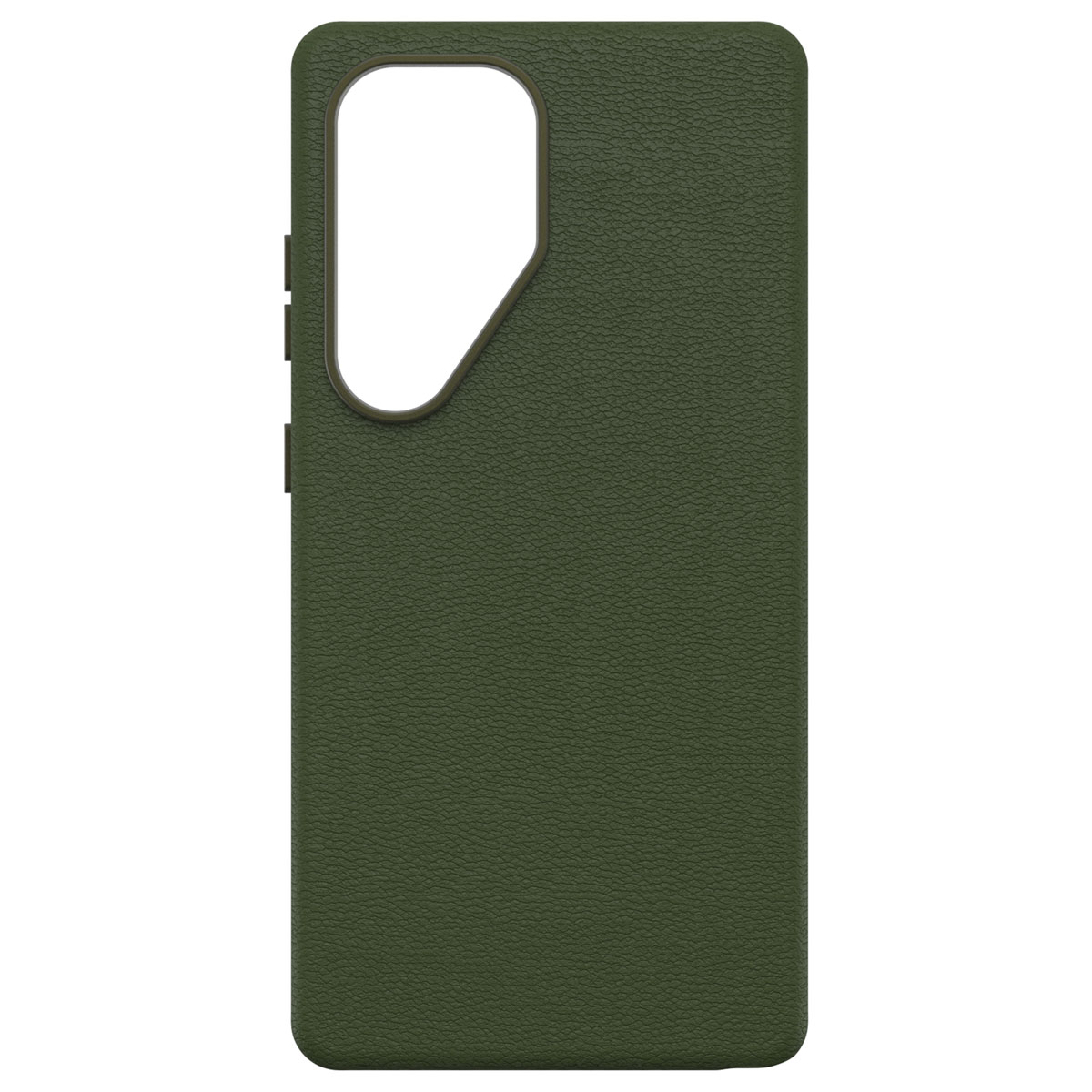 Coque de téléphone vert olive. L'arrière est montré, avec des boutons et une découpe pour la caméra.