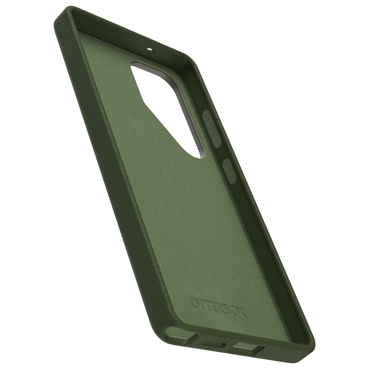 Une coque de téléphone verte. La coque a une ouverture pour l'appareil photo et des boutons de volume. Logo Otterbox visible.