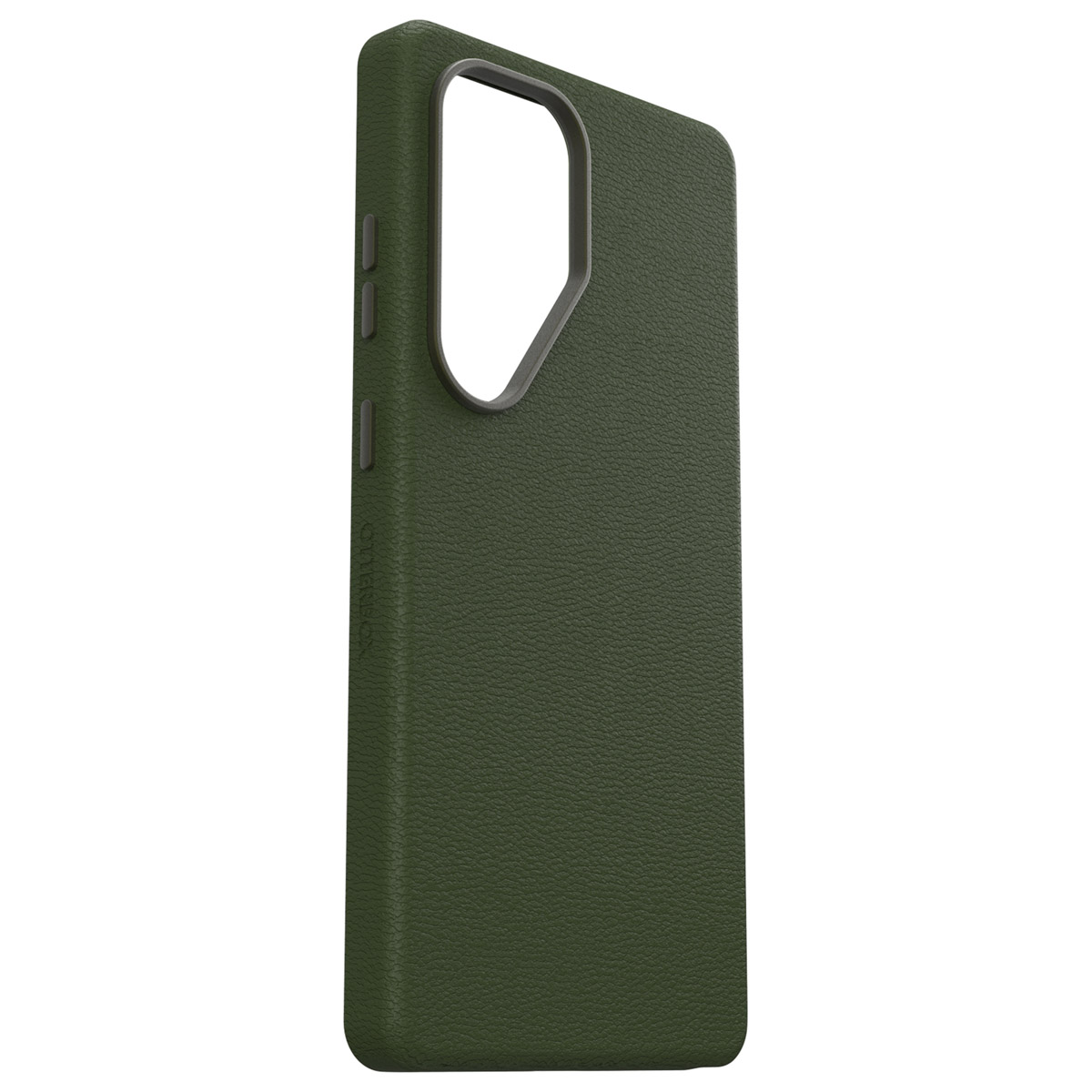 Coque de téléphone vert foncé. Vue latérale avec logo Otterbox. Design simple.