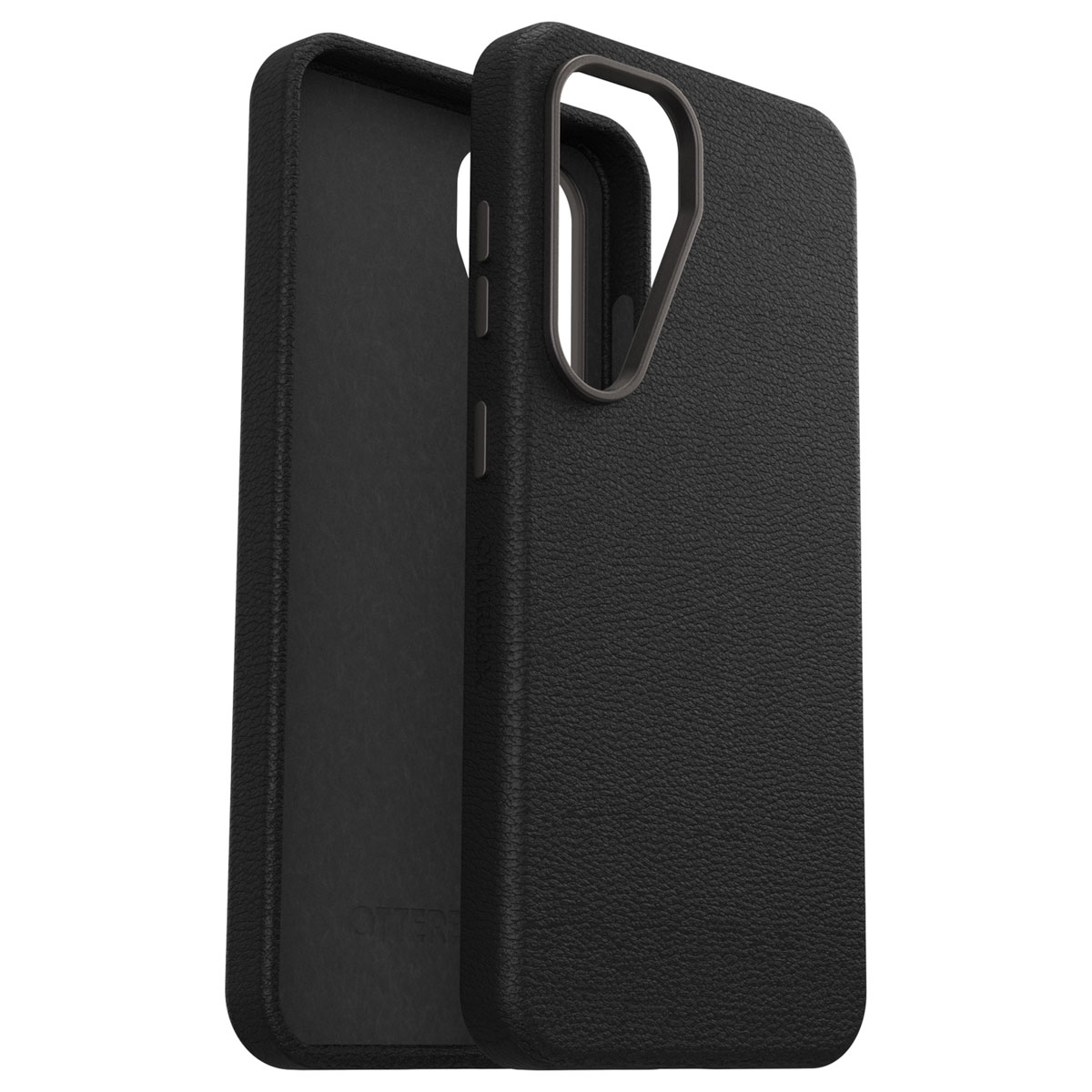 Zwart telefoonhoesje met een leertextuur, open, toont de binnenkant.