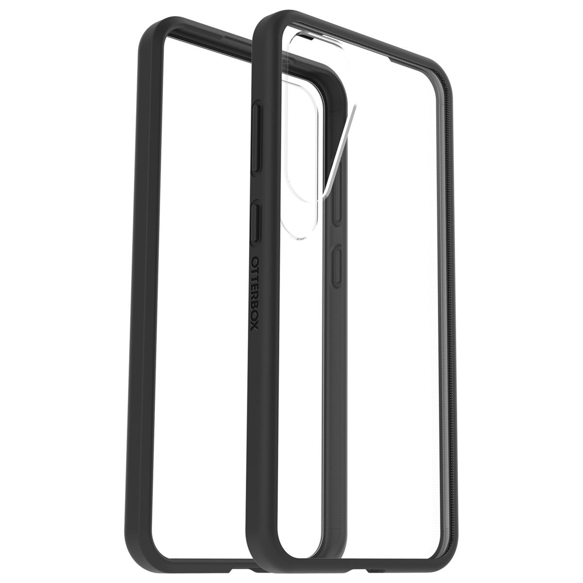 Zwarte telefoonhoes, open, de binnenkant van de hoes tonend.