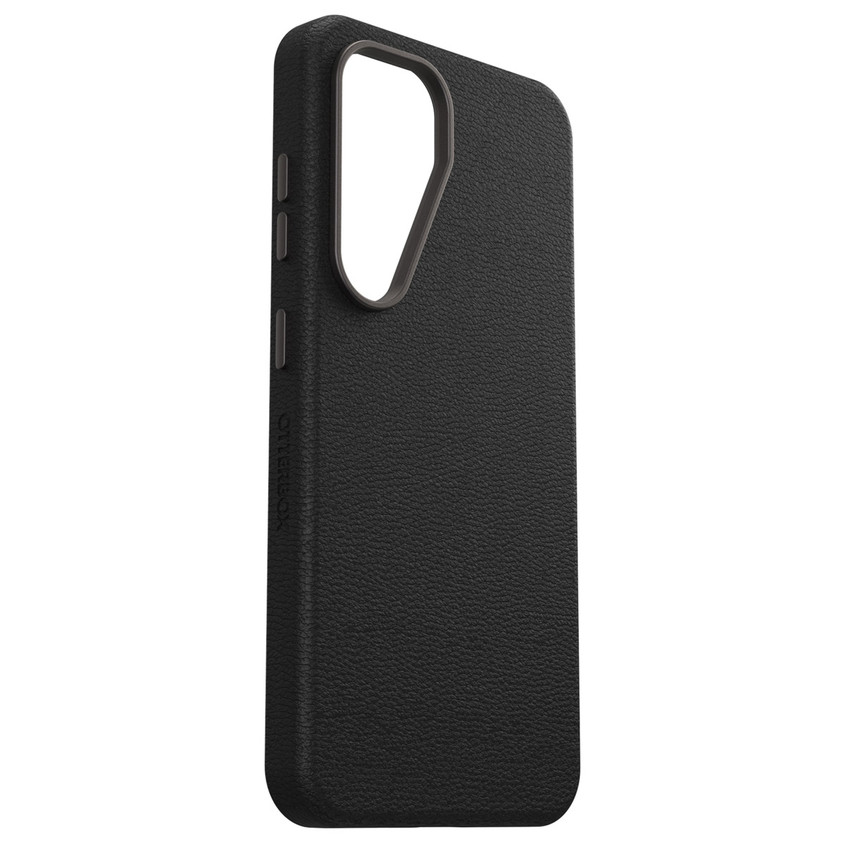 Zwarte telefoonhoes met een getextureerd oppervlak. De hoes heeft een uitsparing voor de camera.