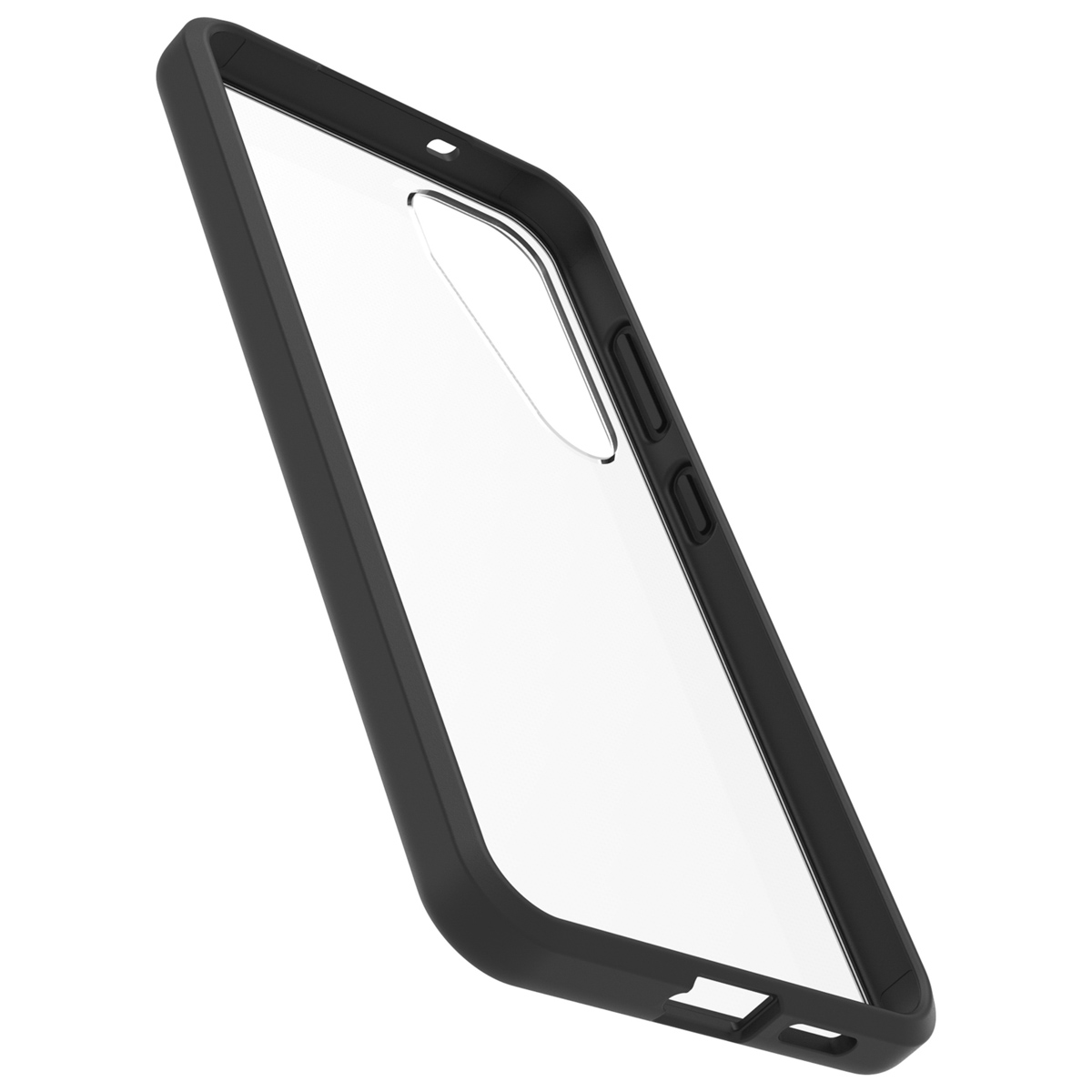 Zwarte telefoonhoes. Transparante achterkant en zwart frame. Schuine weergave.
