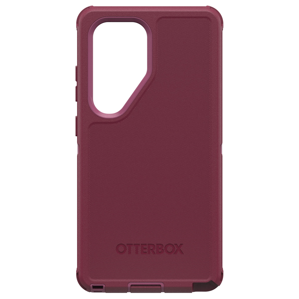 Una custodia per telefono bordeaux. Ha un'apertura per la fotocamera e pulsanti del volume. Logo Otterbox visibile.