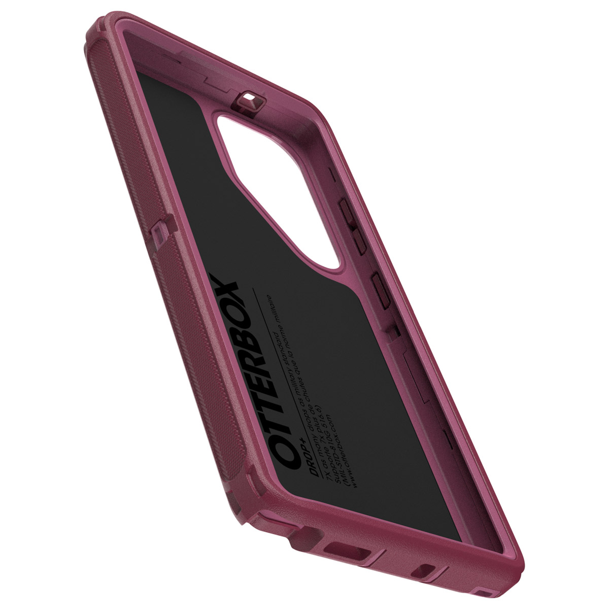 Custodia per telefono bordeaux con interno nero, mostra il logo Otterbox.