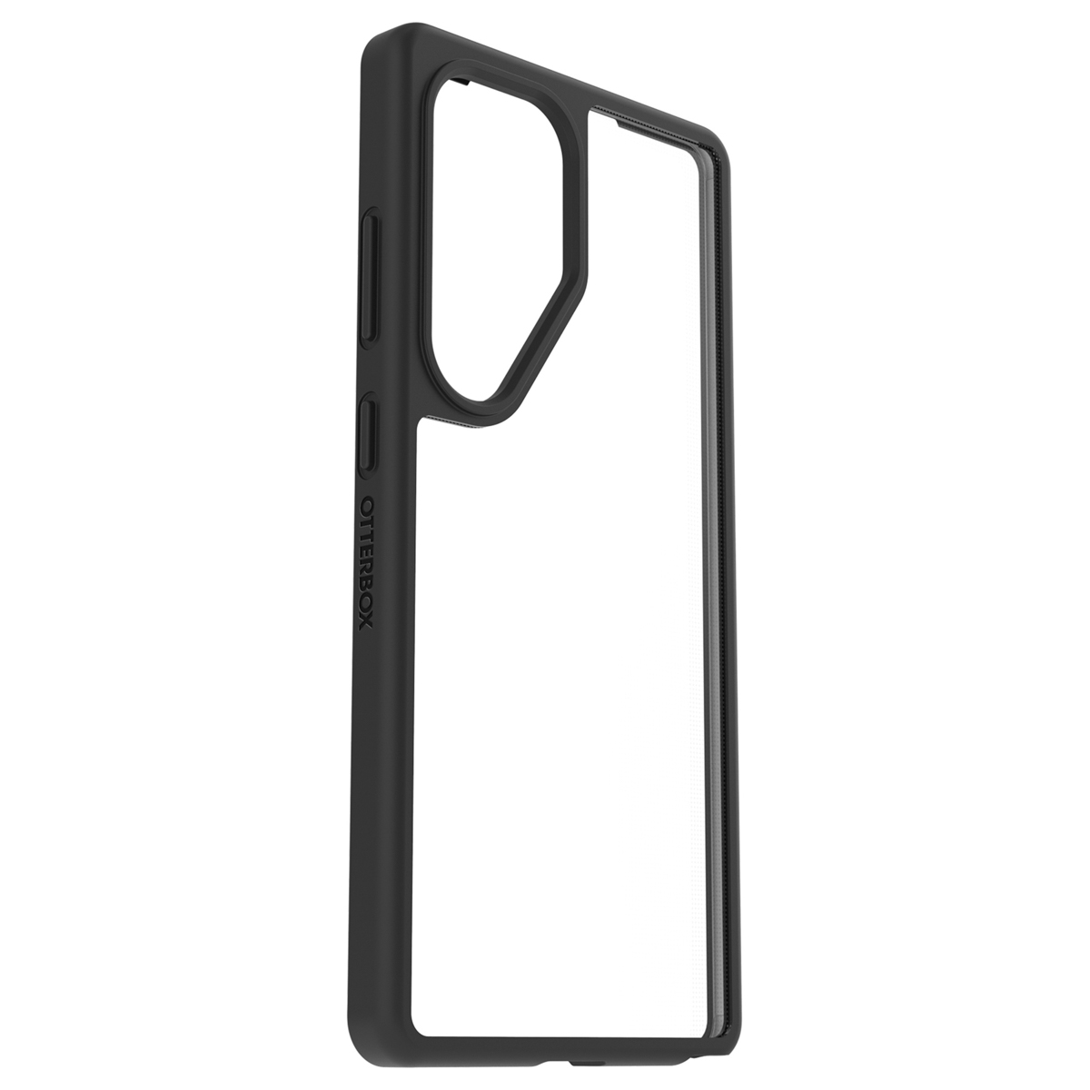 Custodia Otterbox nera con retro trasparente e pulsanti laterali.