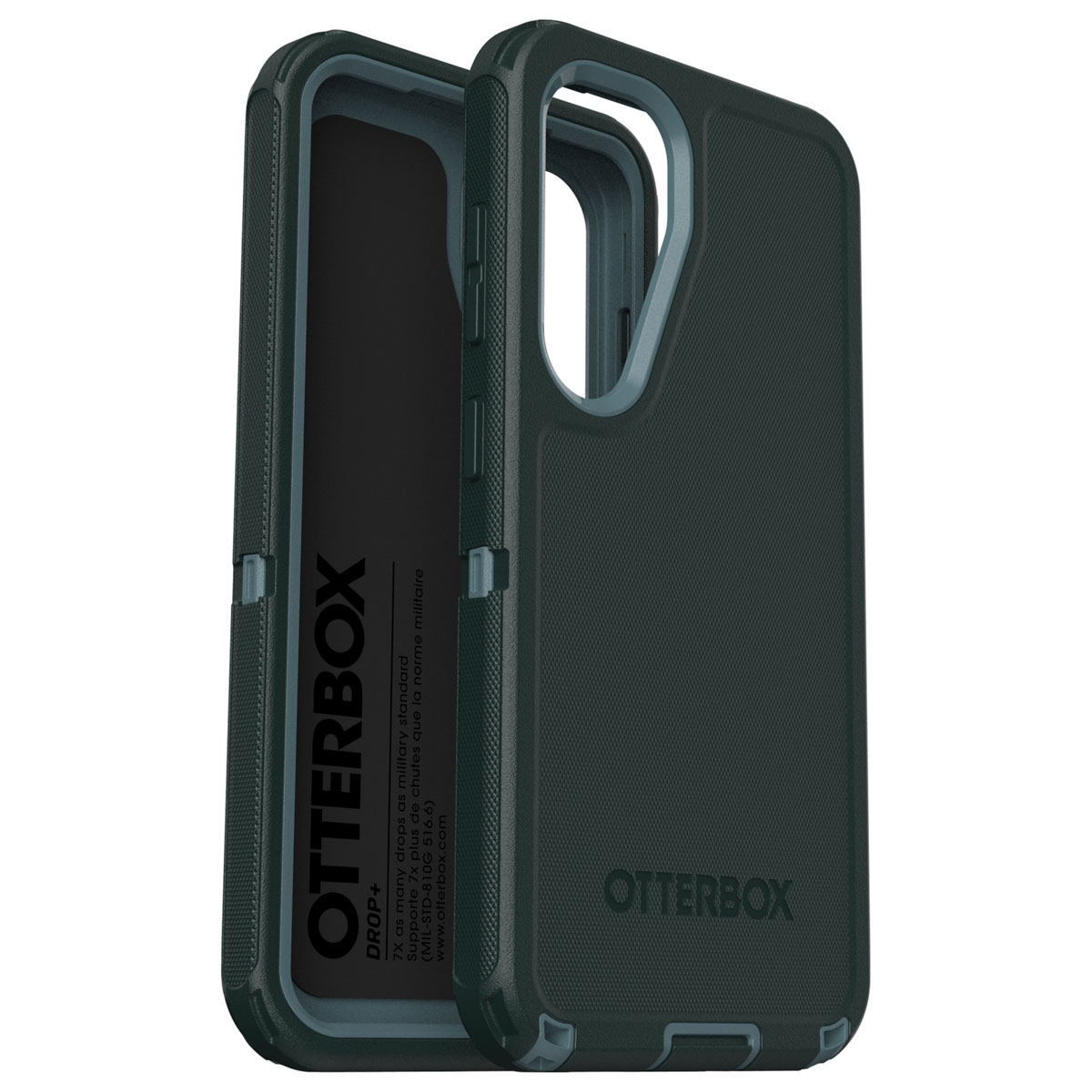 Donkergroene telefoonhoes met OtterBox logo. Grijs van binnen.