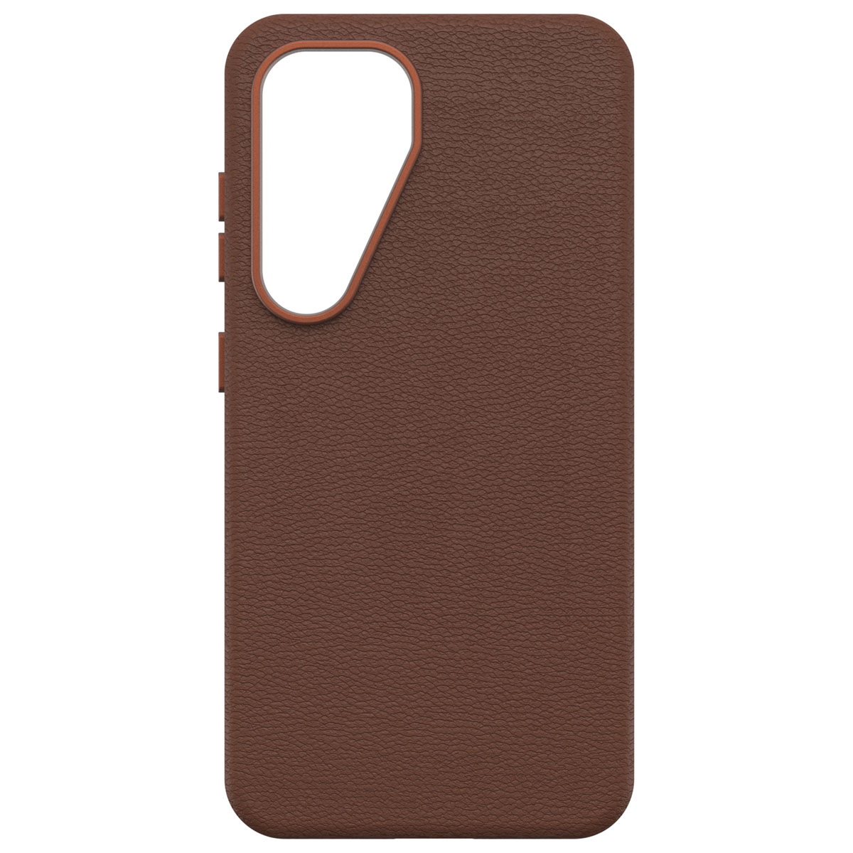 Een bruine telefoonhoes. Het heeft een camera-opening en volumeknoppen. Het Otterbox-logo is zichtbaar.