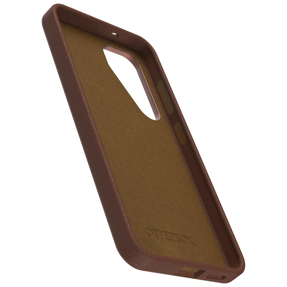 Een Otterbox telefoonhoes, interieur zichtbaar, bruine leerachtige textuur. De hoes is schuin.