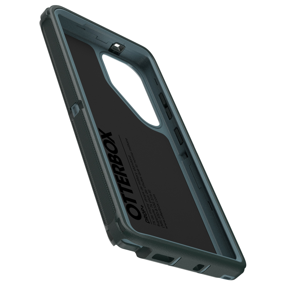 Custodia Otterbox per telefono, che mostra la struttura interna. Esterno verde scuro e interno nero.
