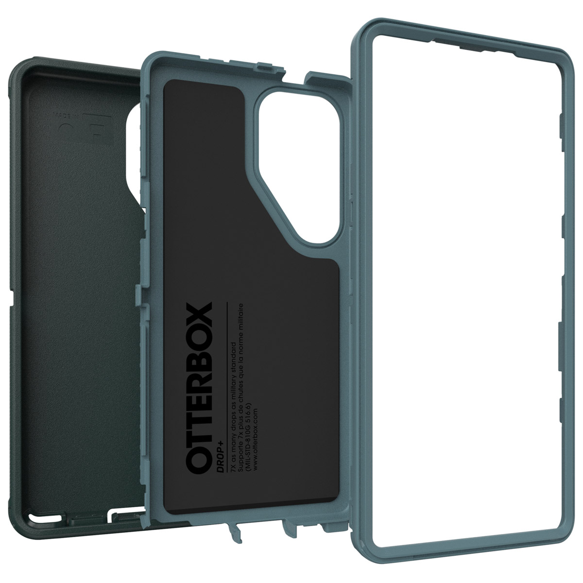 Componenti della custodia del telefono: cornice verde, interno nero e cornice bianca del telefono. Logo Otterbox.