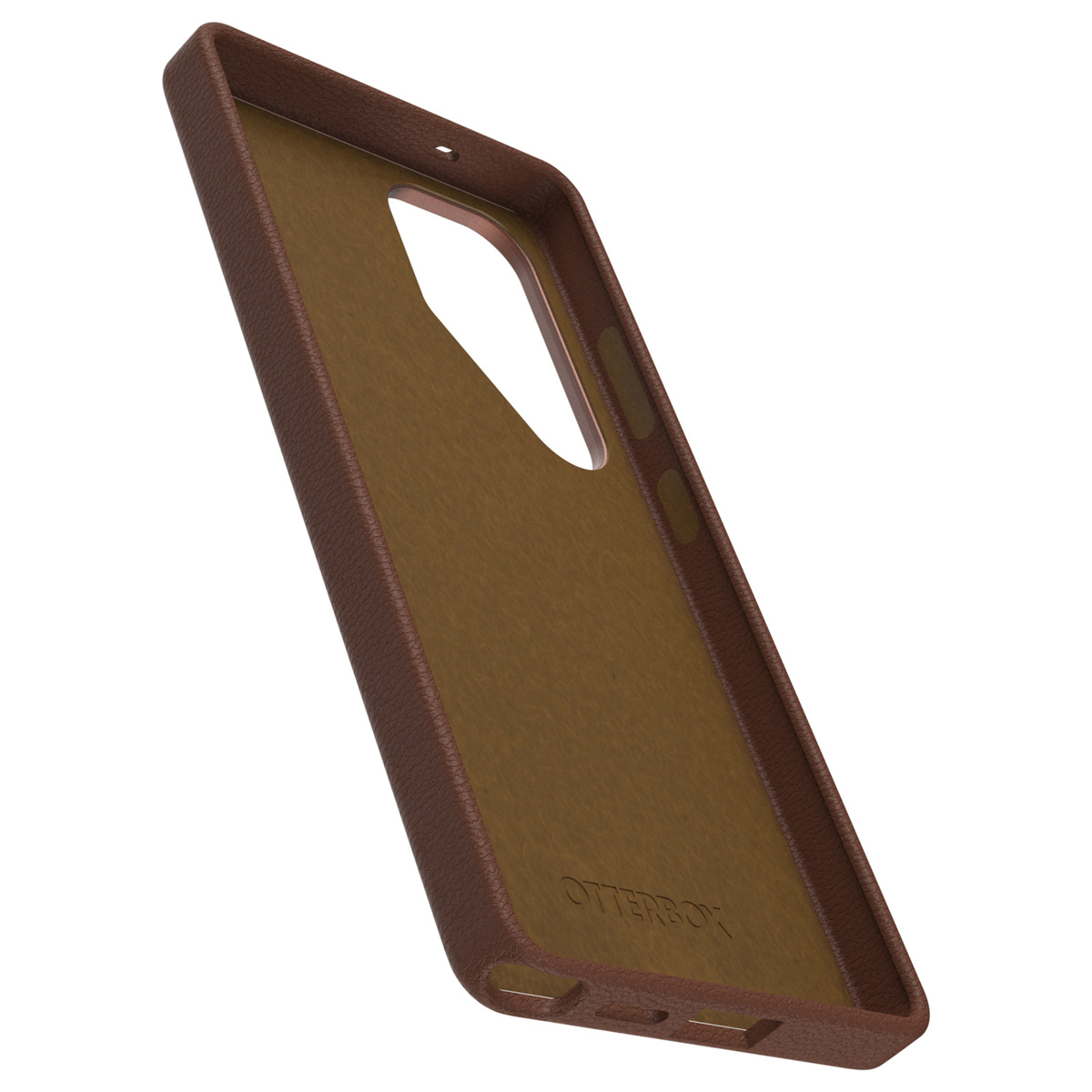 Bruine telefoonhoes met Otterbox-logo. Leerachtige textuur, zijaanzicht, schuin. Bruin interieur en uitsparingen.
