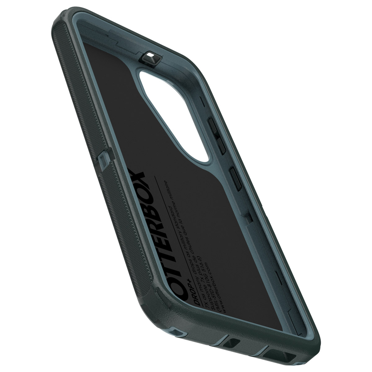 Telefoonhoesje, donkergrijs. Toont de binnenkant en achterkant van de hoes.