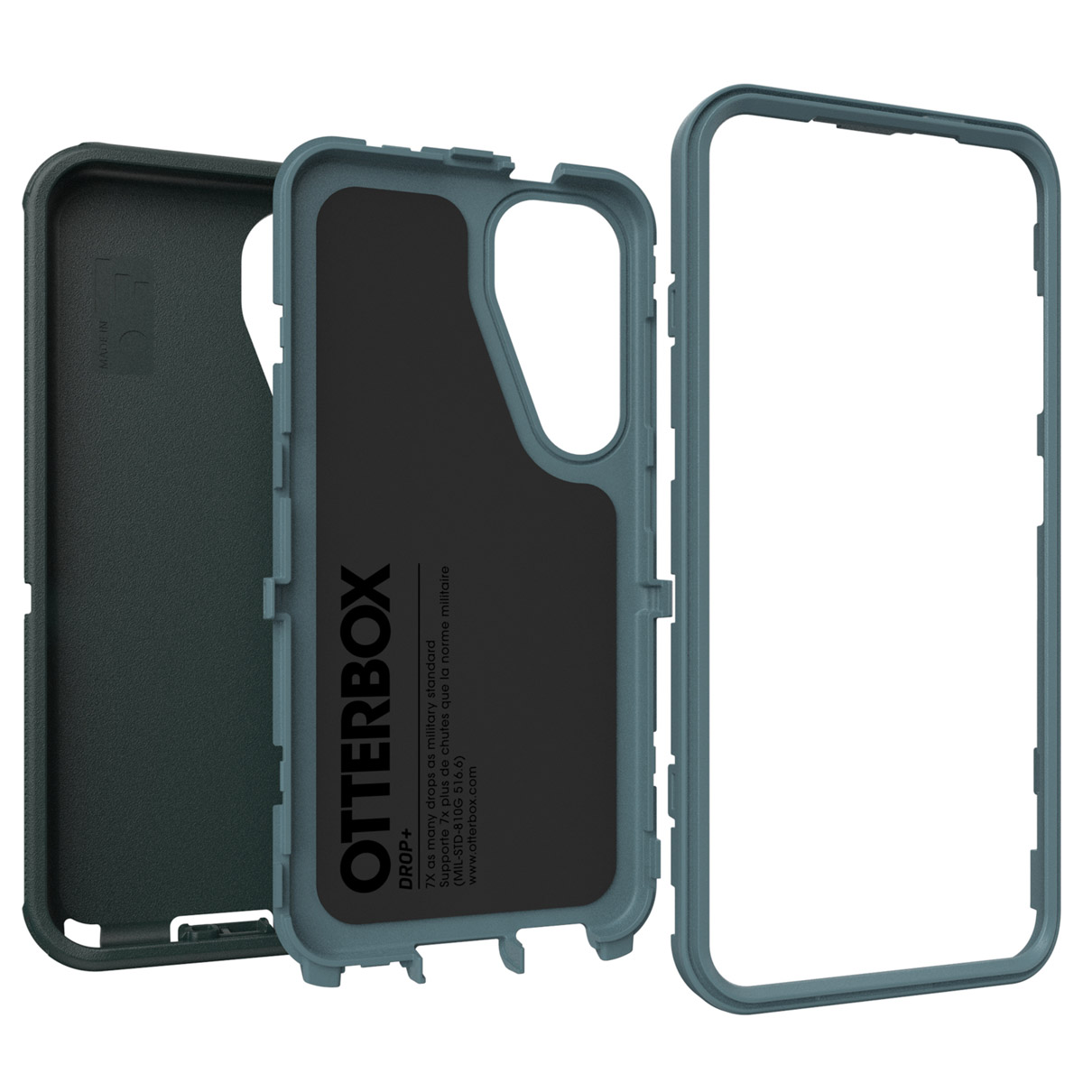 Blauwe Otterbox telefoonhoes, gedemonteerd, de binnenkant tonend.