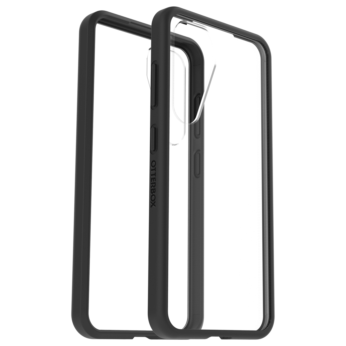 Coque de téléphone noire, transparente. L'étui est ouvert, montrant l'intérieur. Logo Otterbox visible.
