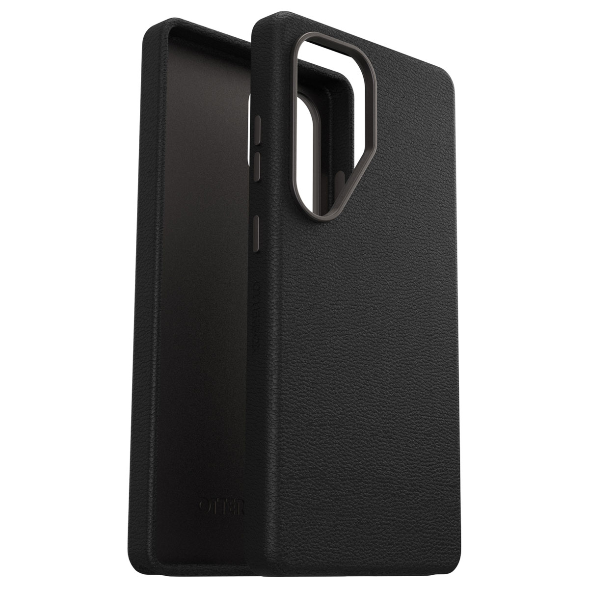 Coque de téléphone noire. Elle a des découpes pour boutons et caméra.