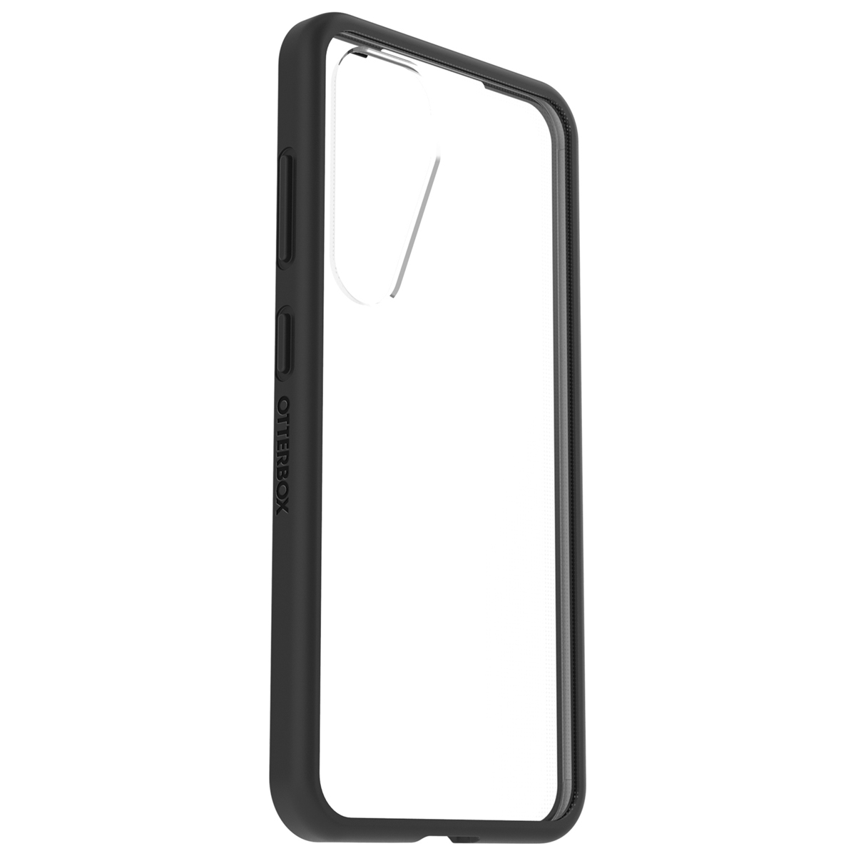 Coque transparente Otterbox avec cadre noir, vue latérale.