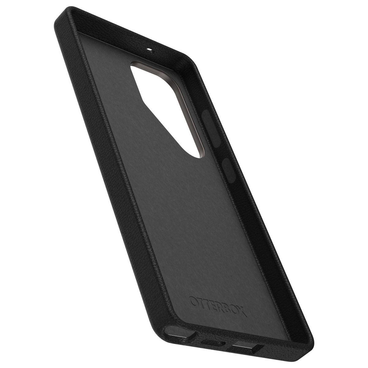 Intérieur de coque de téléphone noire, surface texturée.