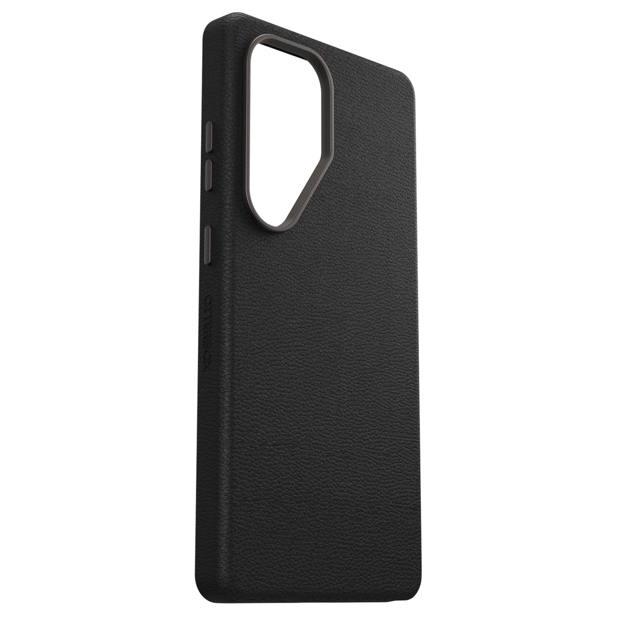 Coque de téléphone noire avec surface texturée et découpe pour caméra.
