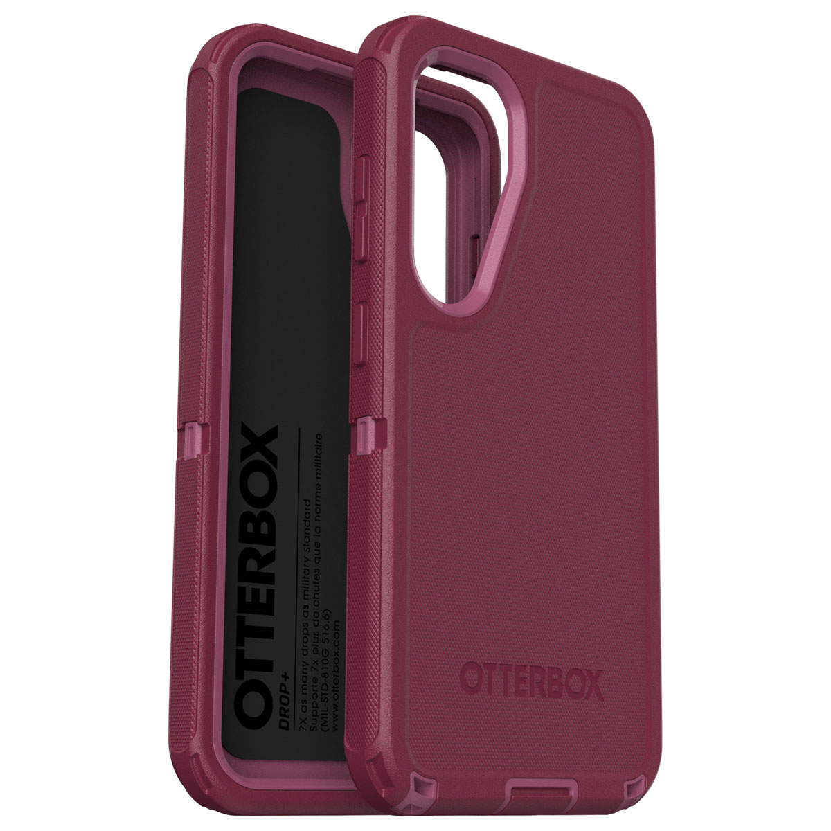 Bourgondische Otterbox telefoonhoes, open zicht. De binnenkant is donker, de buitenkant bordeaux.