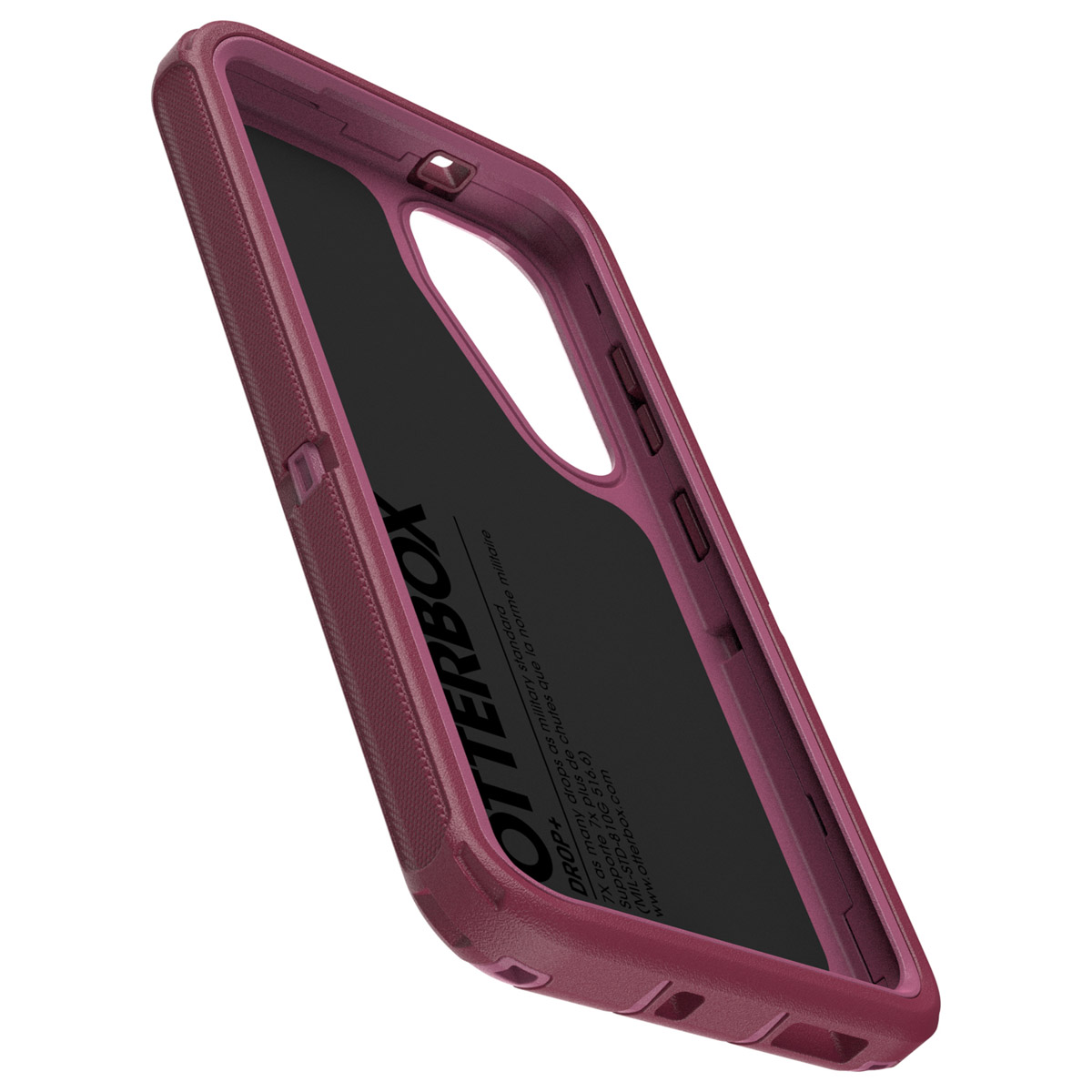 Rood telefoonhoesje, binnenkant. Merk Otterbox.