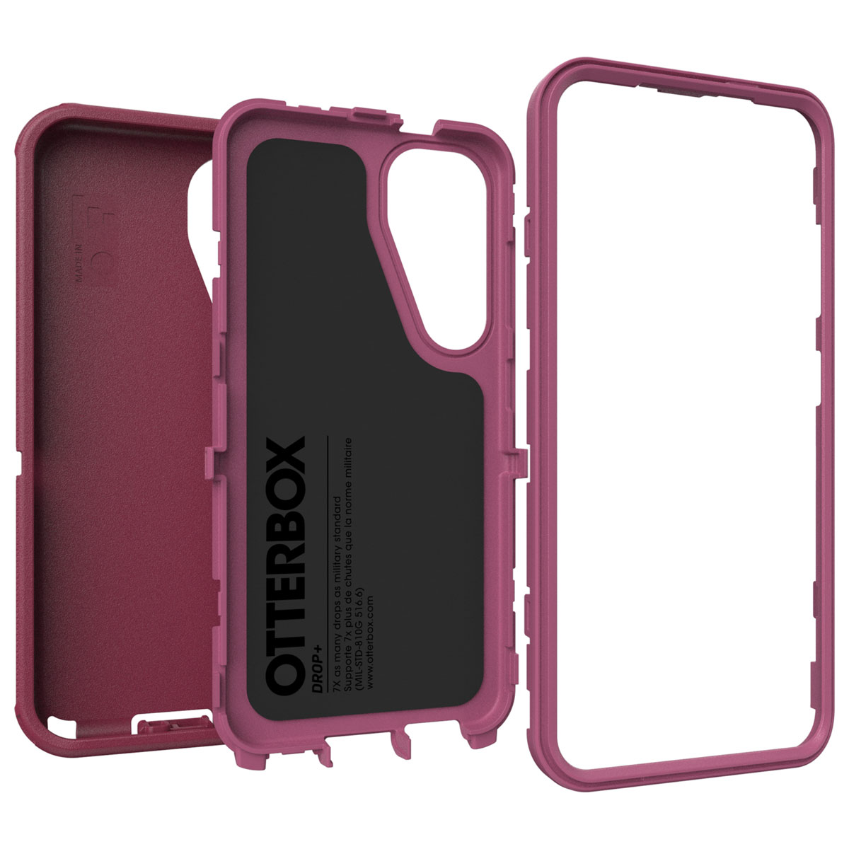 Telefoonhoes onderdelen: rood frame, zwart interieur en een wit telefoonframe. Otterbox logo.