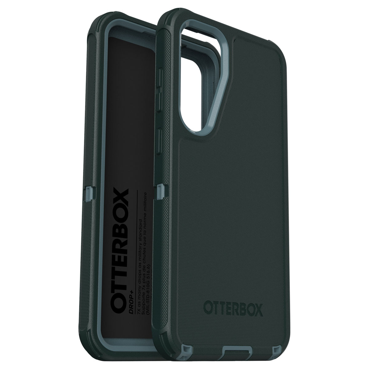 Donkergrijze Otterbox telefoonhoes, open zicht. Binnenkant lichtgrijs en buitenkant donkergrijs.