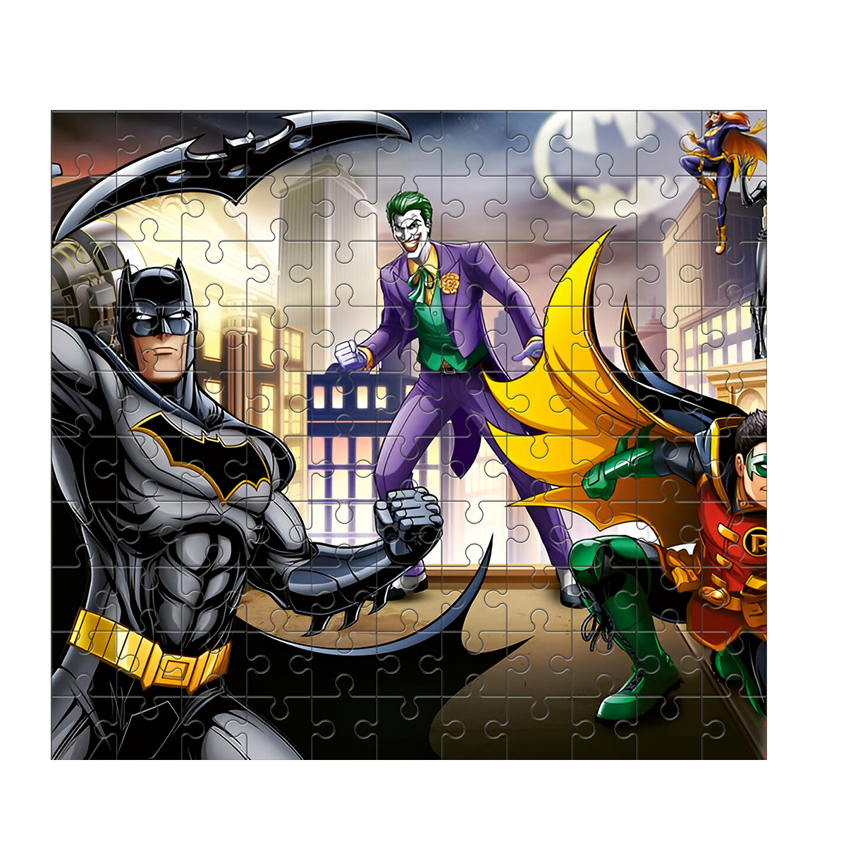 Puzzle z Batmanem, Jokerem, Robinem i Batgirl. Joker jest w centrum.