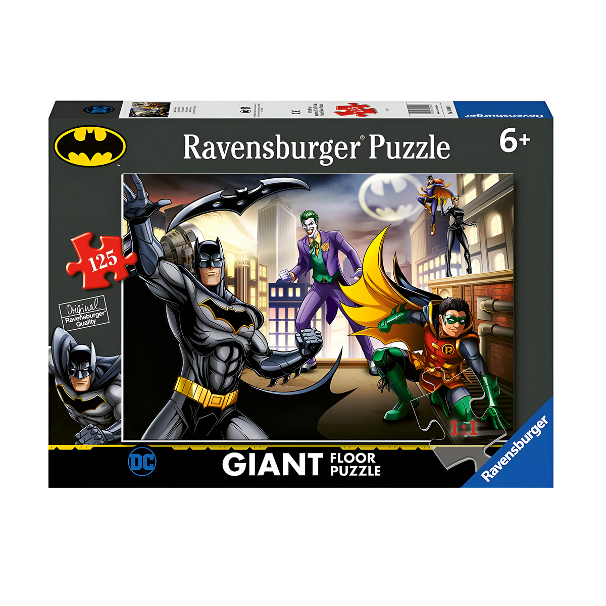 Pudełko z puzzlami Batmana z ilustracjami Batmana, Robina i Jokera. Zawiera gigantyczne puzzle podłogowe ze 125 elementami.