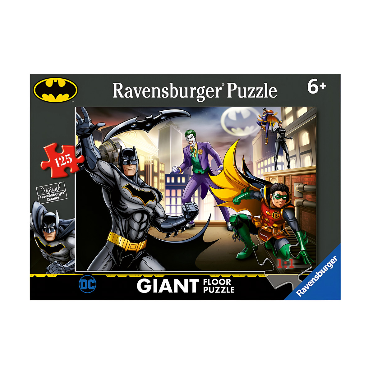 Pudełko z puzzlami Batmana z ilustracjami Batmana, Jokera, Robina i Catwoman.