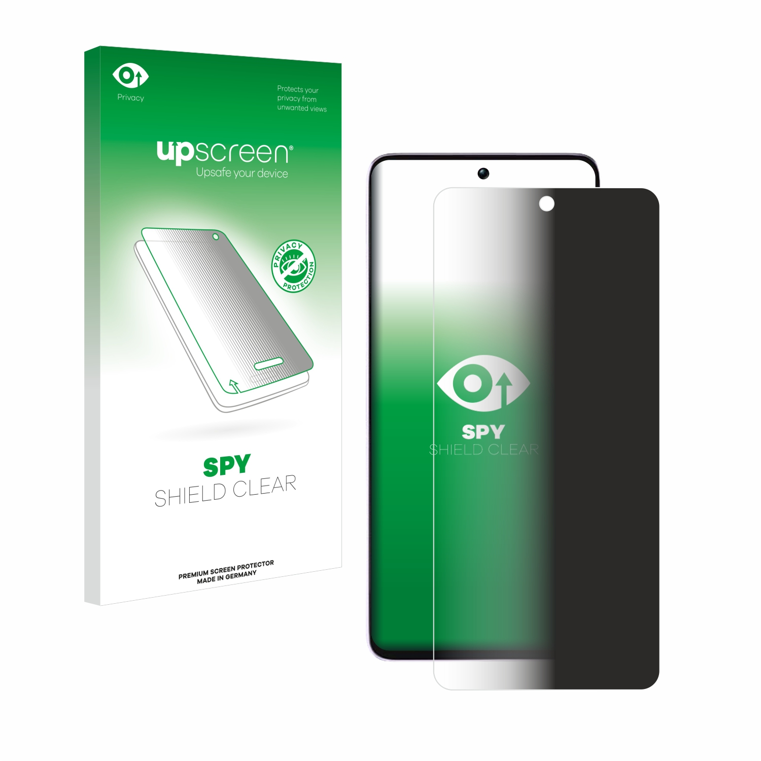 Displayschutzfolien-Set. Box mit einem Smartphone-Bild, plus Displayschutzfolie und einem Telefon.