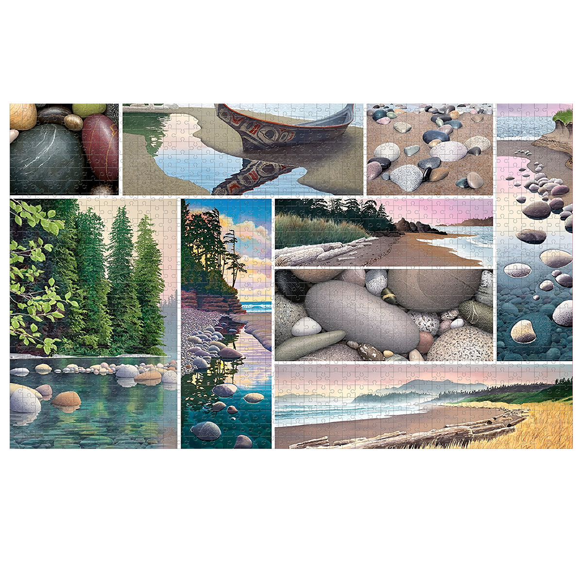 Un puzzle con varie immagini di paesaggi, tra cui acqua, rocce e alberi.