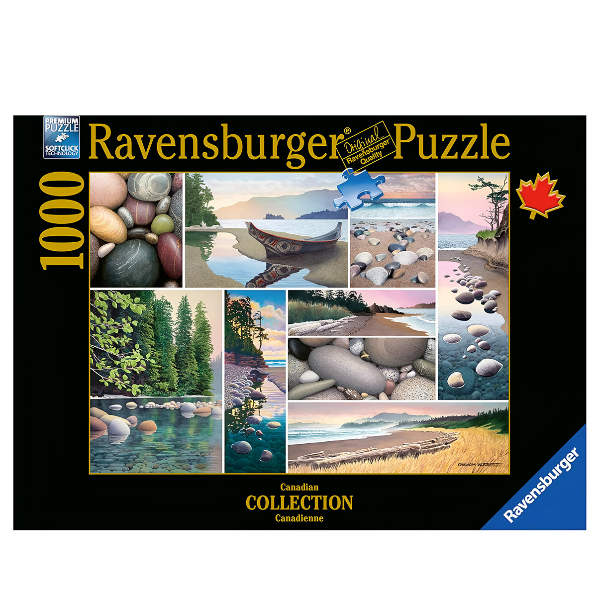 Una scatola di puzzle con l'immagine di un lago e delle rocce.
