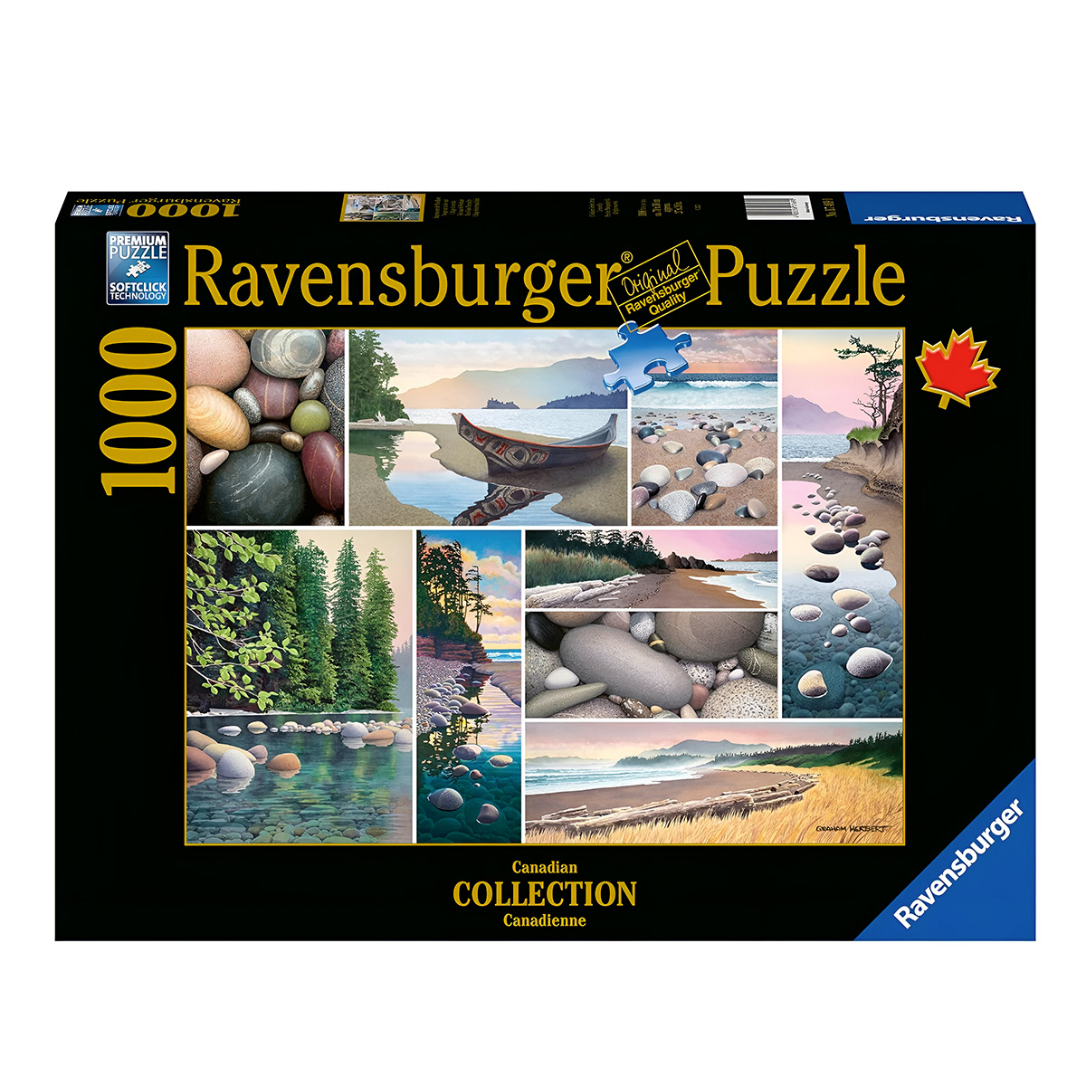 Una scatola di puzzle Ravensburger che mostra una scena paesaggistica canadese con acqua e rocce.