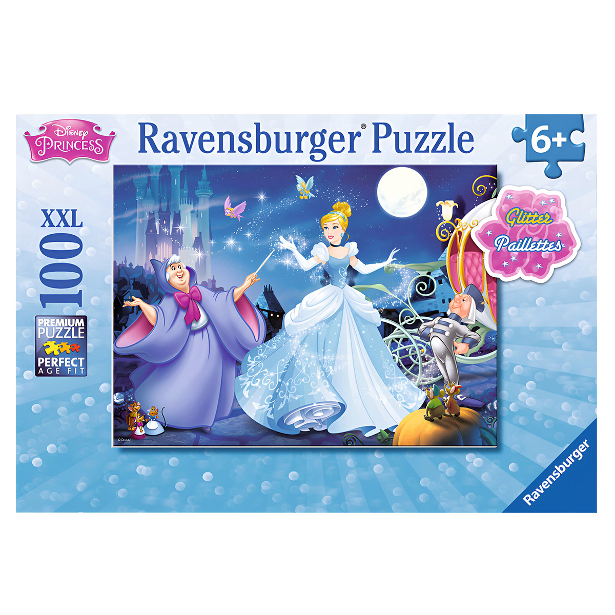 Una scatola di puzzle Disney Cenerentola, che mostra una scena di Cenerentola con personaggi e un castello.