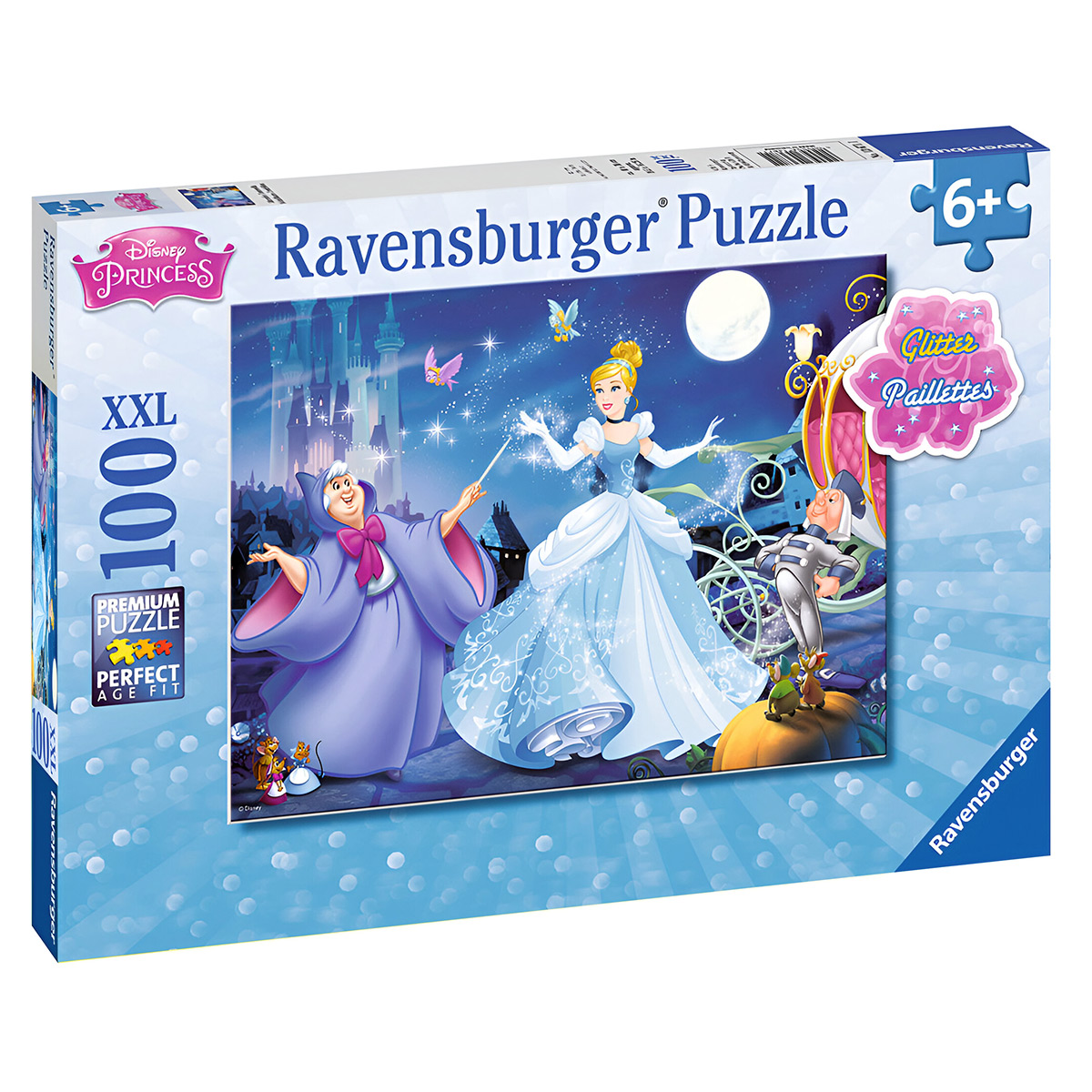 Una scatola di puzzle con personaggi Disney Princess, un castello e testo che dice 100 pezzi.